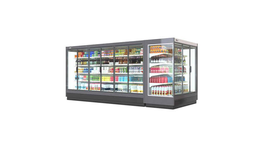 Réfrigérateur vitrine d’angle à portes en verre – usage commercial